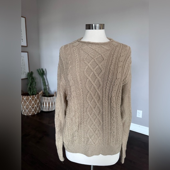 J. Crew Cotton Fisherman Cable Knit 90s Rollneck Crewneck Sweater Flax Large NWT - Picture 2 of 8